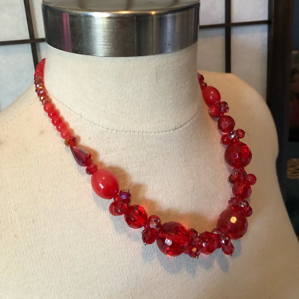 Vintage red beveled glass bead necklace